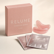 RELUME Cooling Under-Eye Masks box with pink hydrogel patches and sachets
