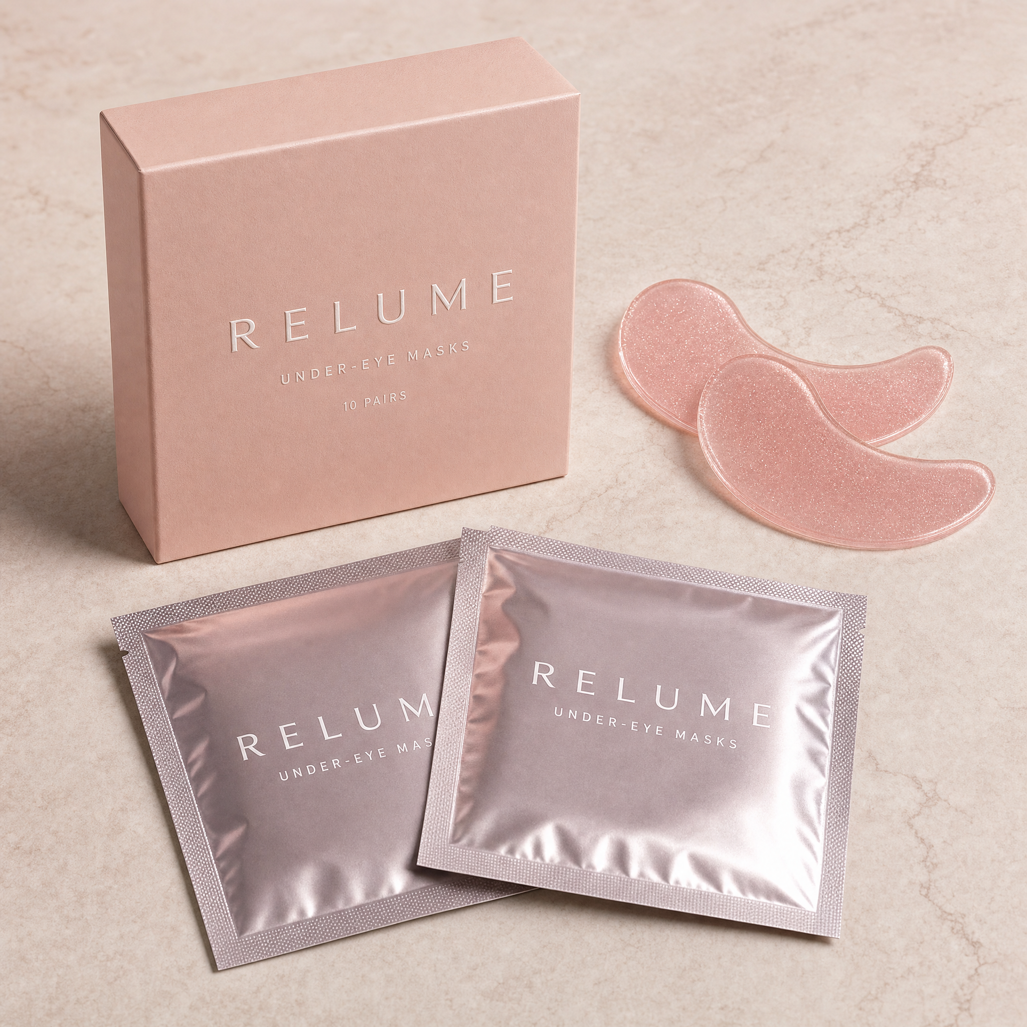 RELUME Under-Eye Masks box with patches and sachets on blush stone