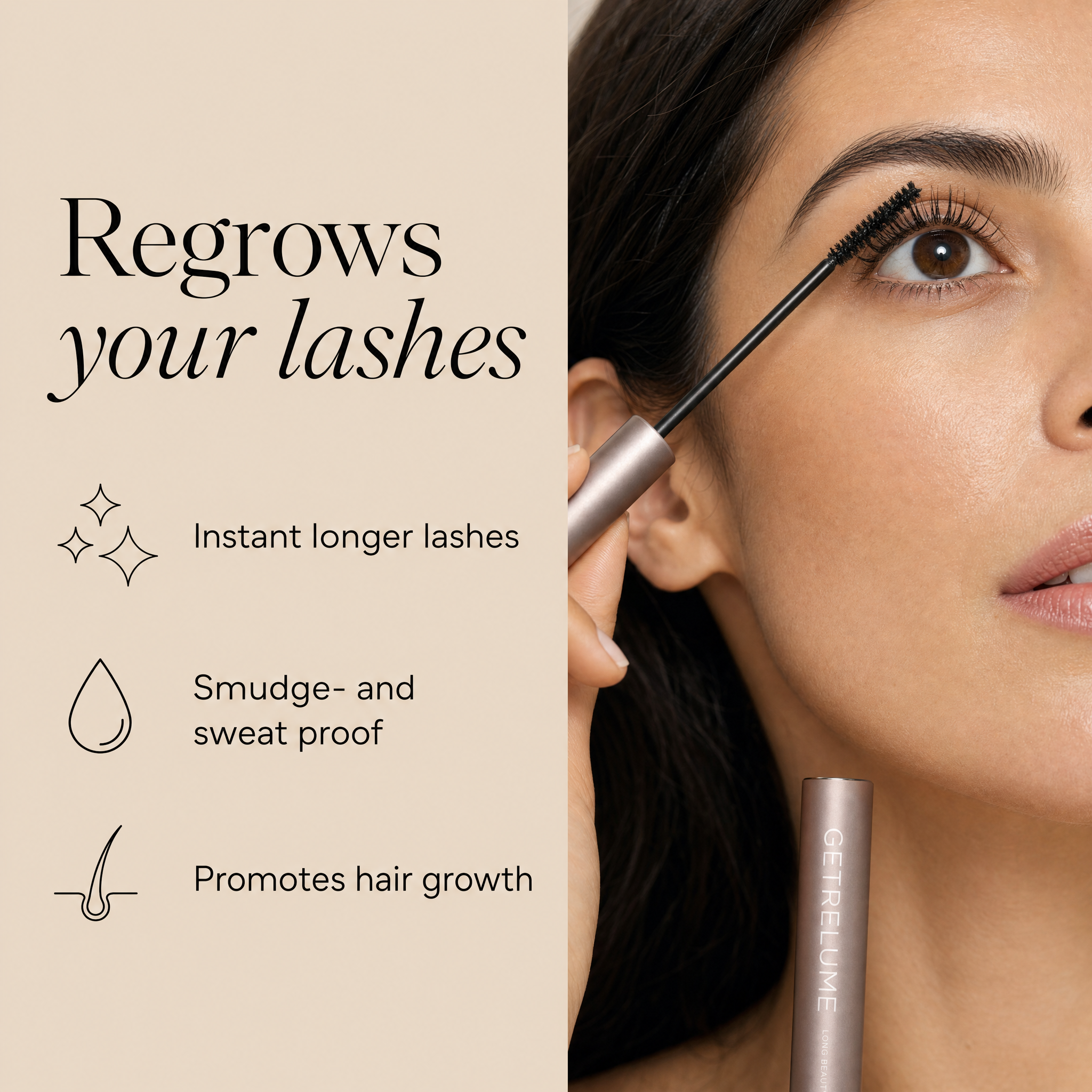 Regrows your lashes: instant longer lashes, smudge and sweat proof, promotes hair growth
