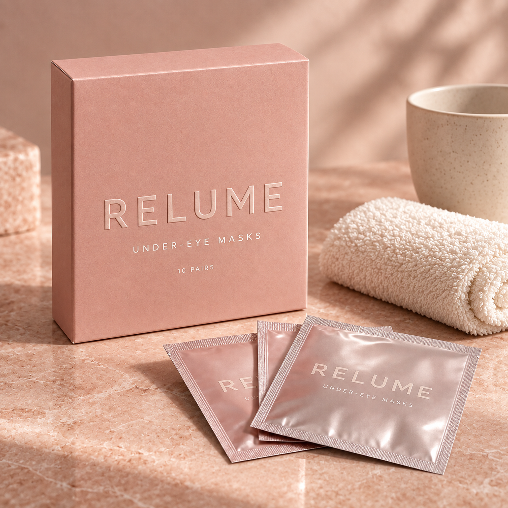 RELUME Under-Eye Masks box and sachets in a warm skincare ritual