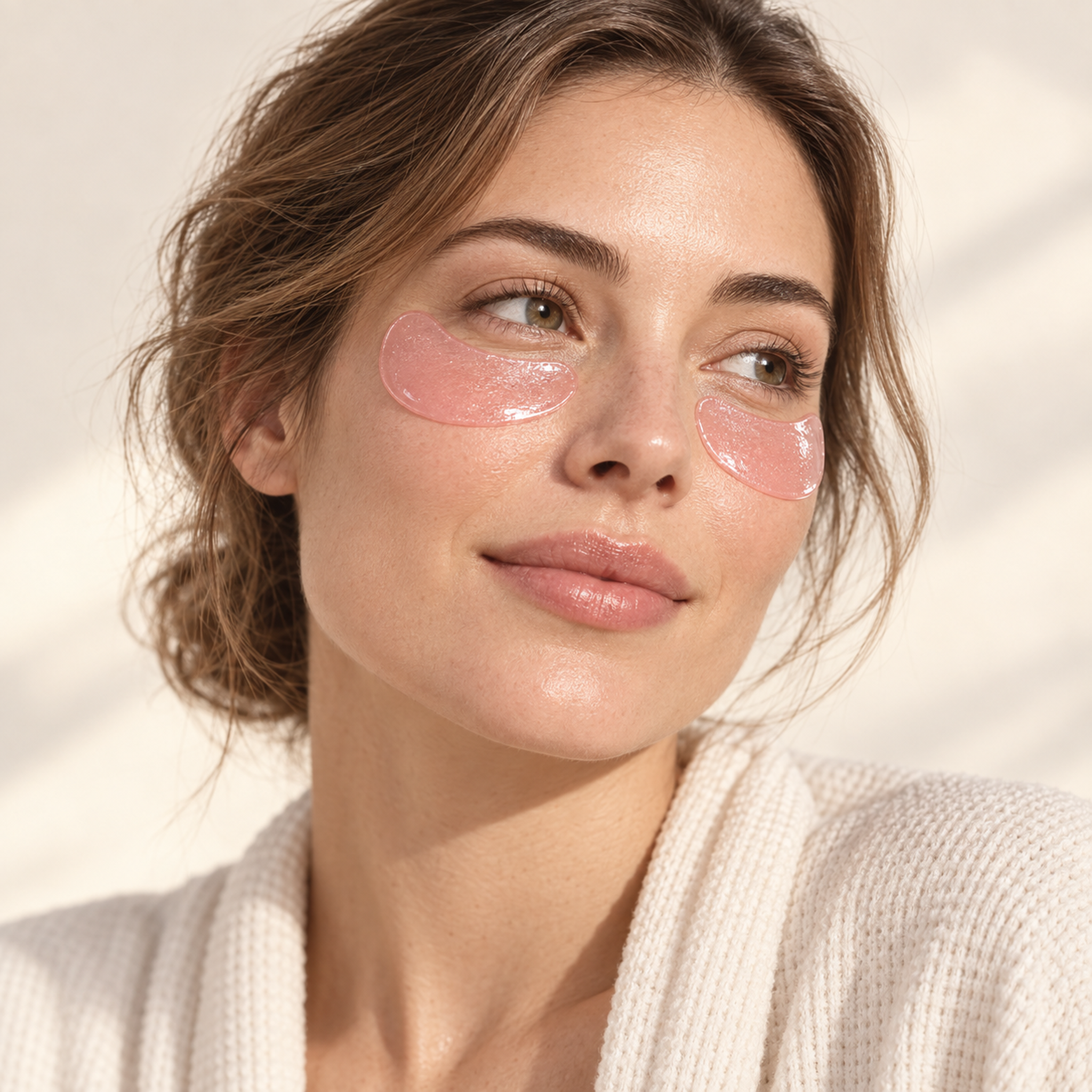 Woman wearing two pink RELUME under-eye masks