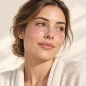 Woman wearing two pink RELUME under-eye masks